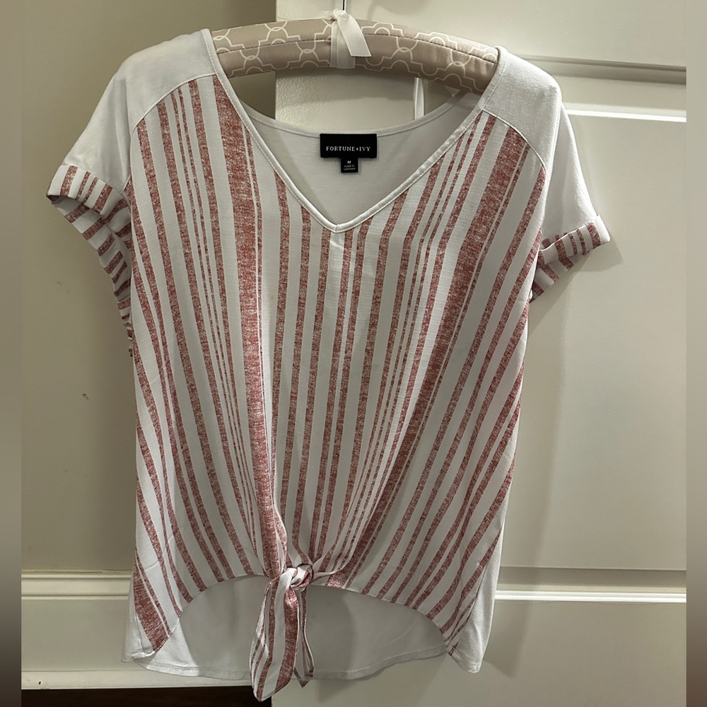 White and Pink Tie Front Blouse with Short Sleeves